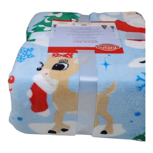 Rudolph The Red-Nosed Reindeer Queen Blanket 90" X 90" Christmas Theme Blue - Picture 2 of 8